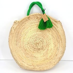 Embellish tan wicker woven Green wrapped handles tassles beach vacation bag